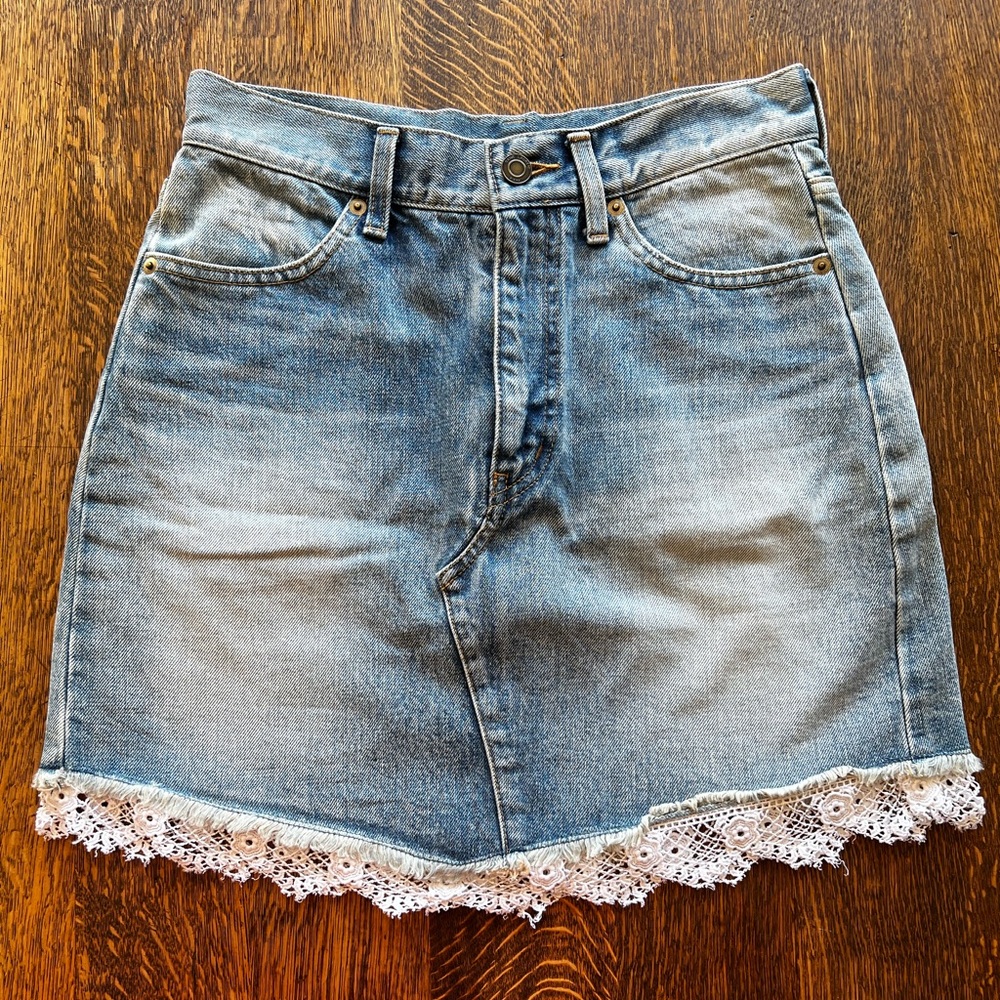 Saint Laurent Denim Mini Skirt with Lace Embellishments Size 28.